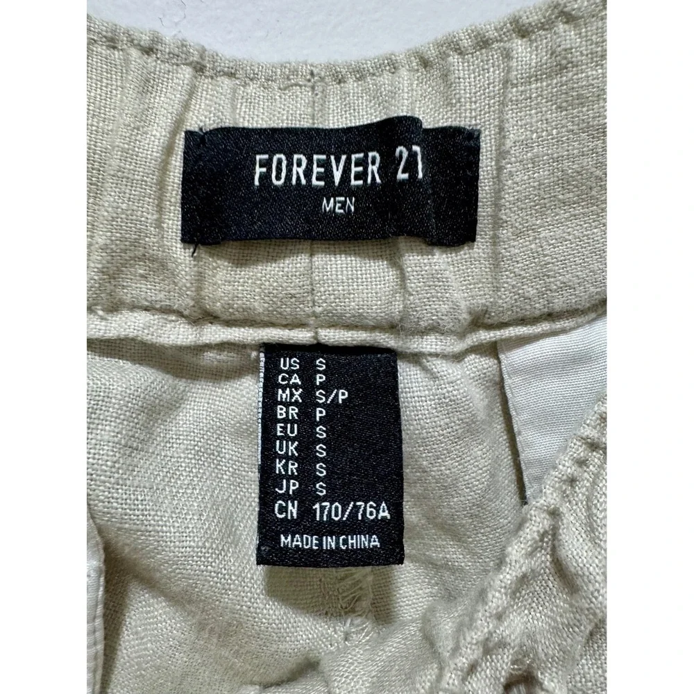 Forever 21 Men Beige 100% Linen Drawstring Elastic Waist Trousers Pants Small